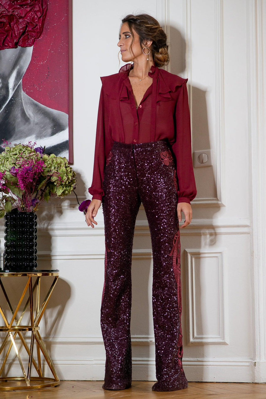 Pantalon droit à sequins bordeaux - Maison Lou