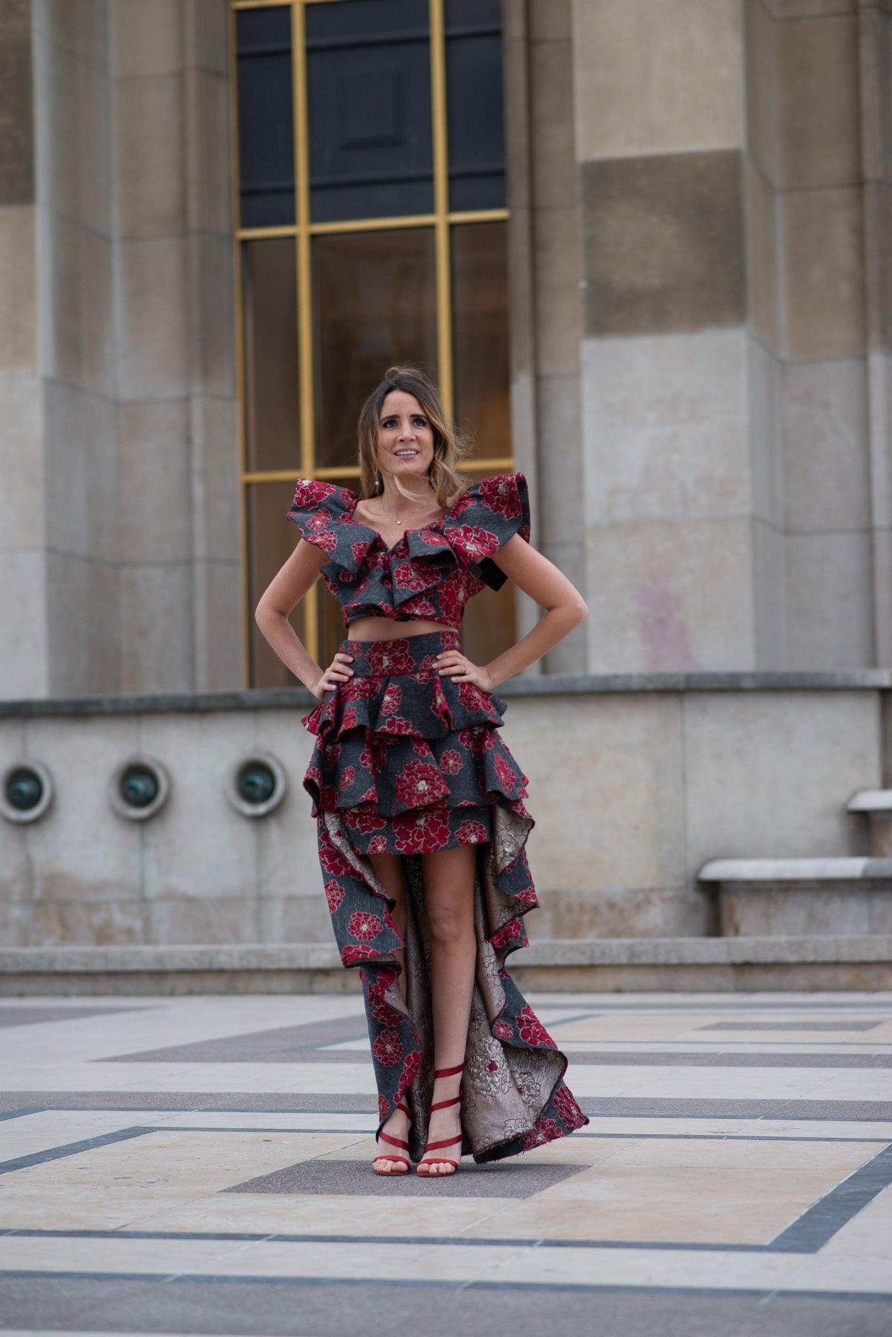 Jupe Asymétrique Déstructurée En Velours Marine Fleuri Iconoclast - Taille 38 - Occasion TB
