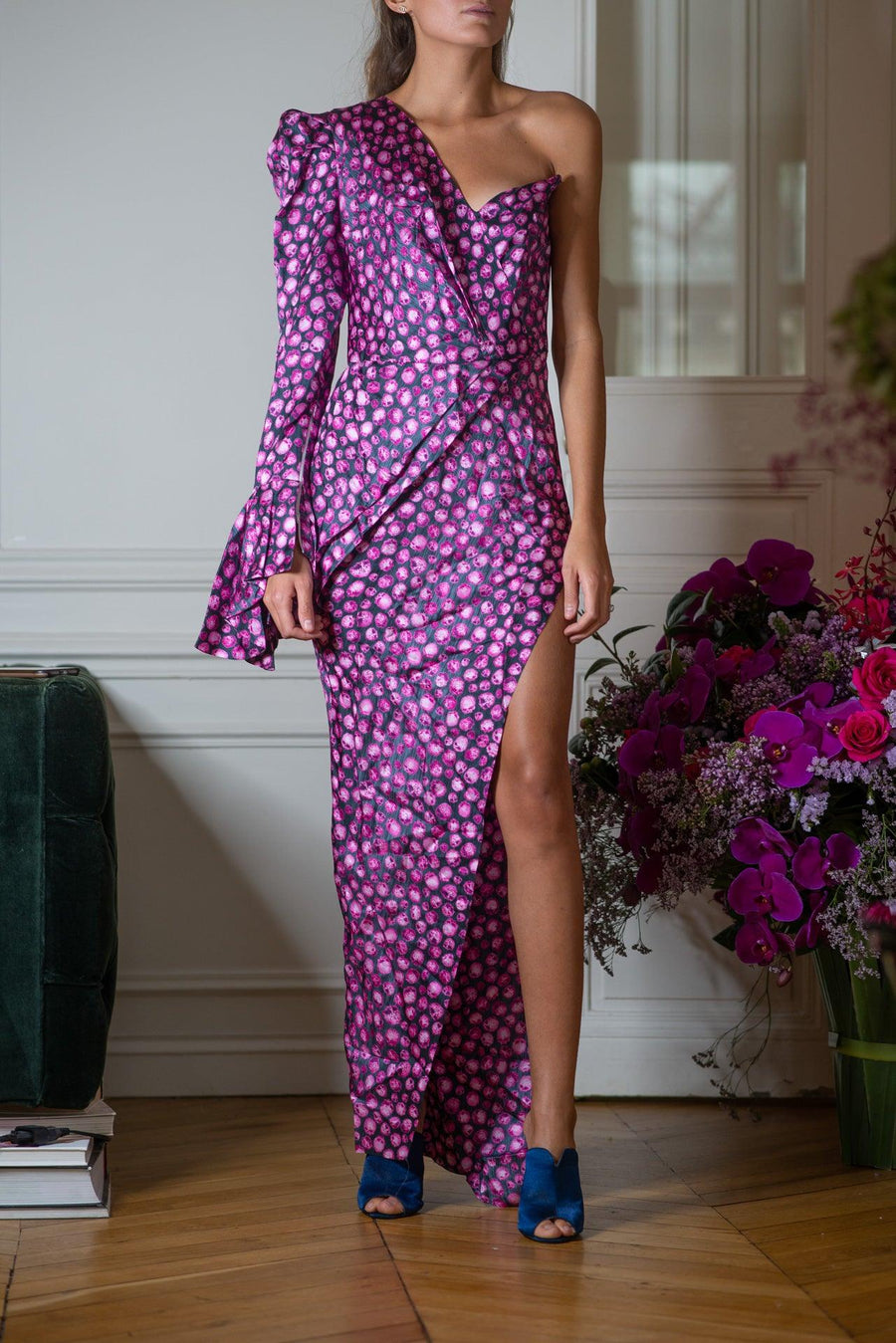 Robe asymétrique violette à fleurs - Maison Lou