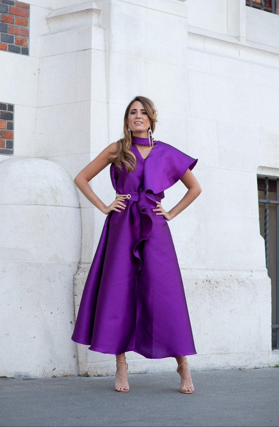 Robe midi en mikado de soie violette – Maison Lou