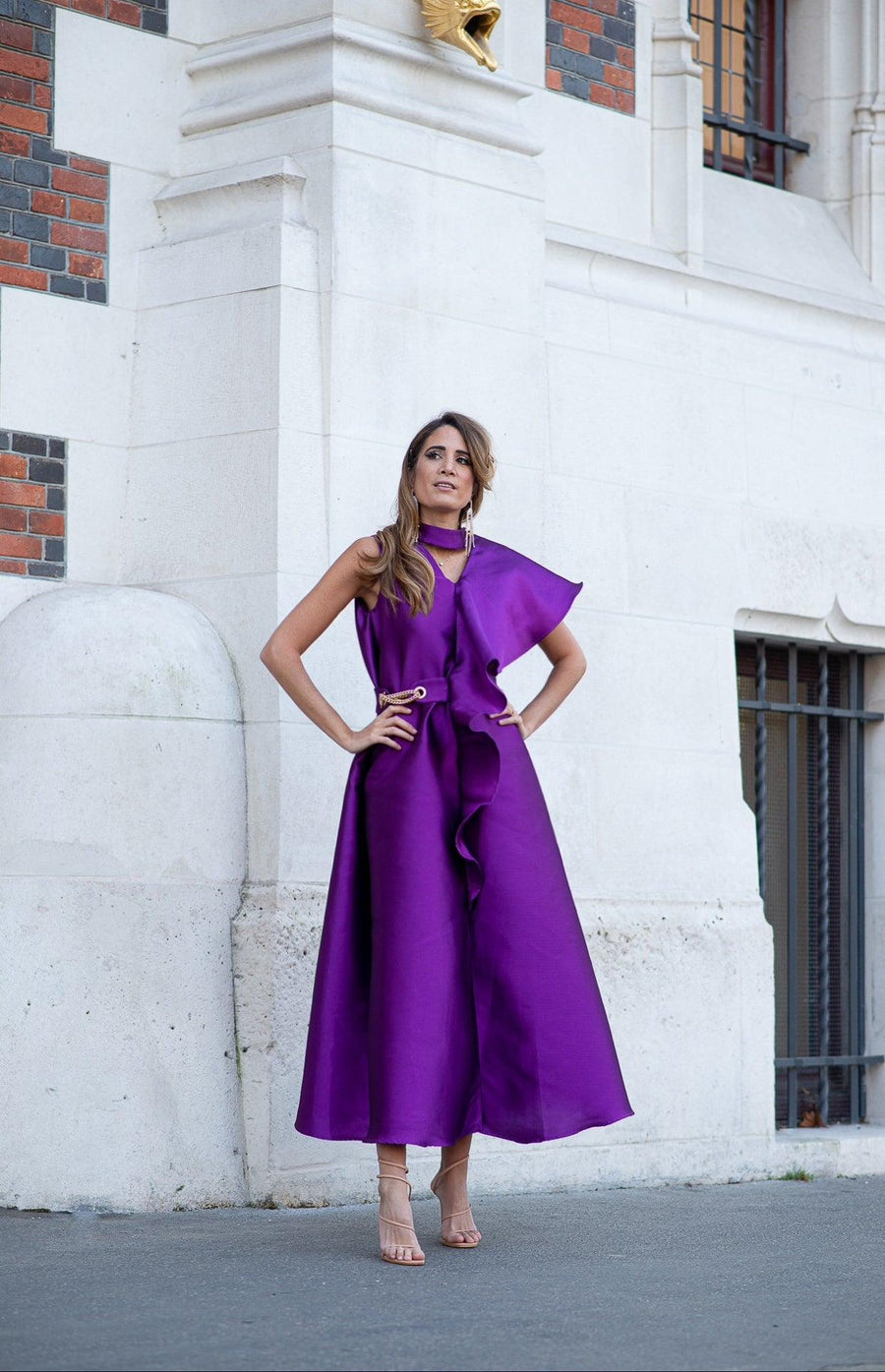 Robe midi en mikado de soie violette – Maison Lou